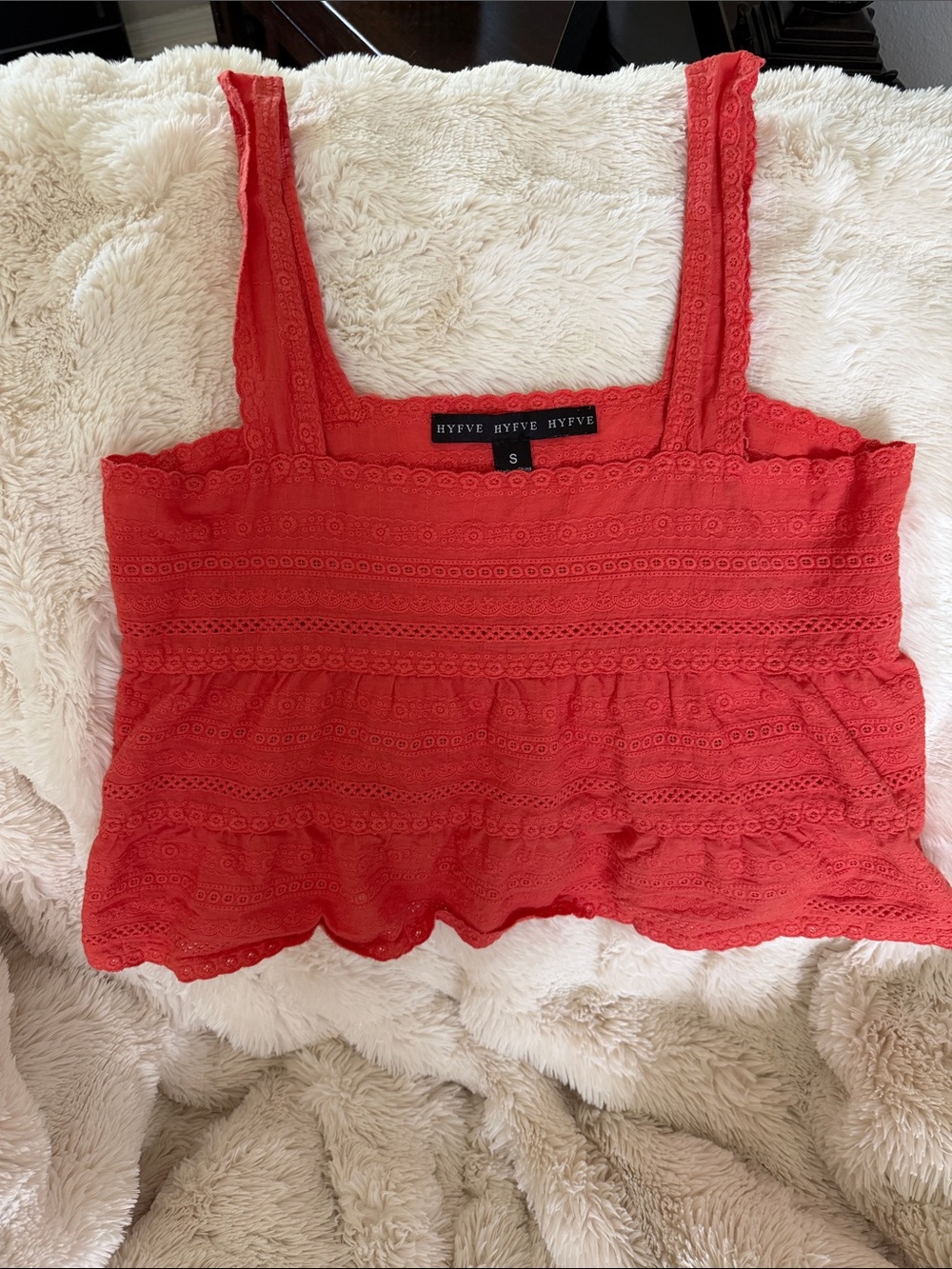 HYFVE Coral-Red Lace Peplum Tank Top